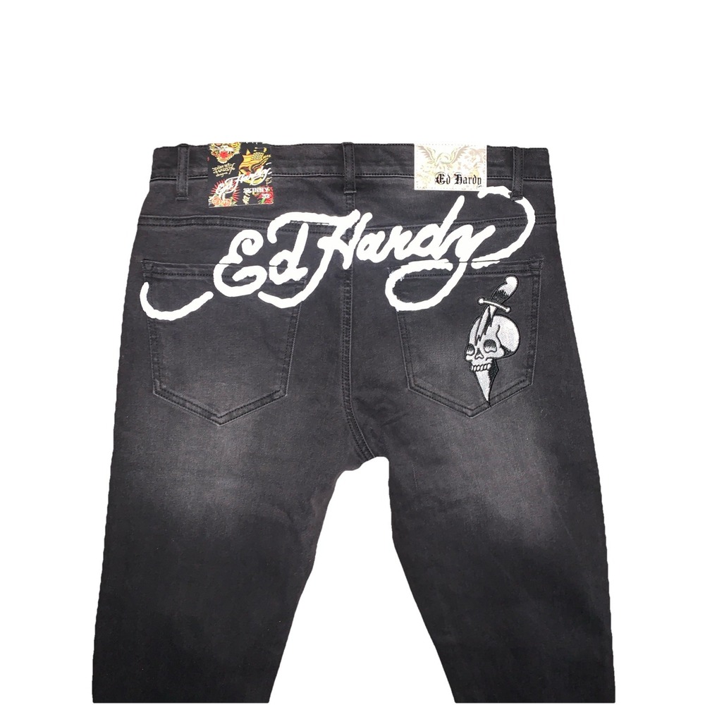 Ed Hardy Jeans Mens 32x30 Skinny Black Denim Embroidered Skull Knife SPELL-OUT